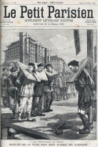 Boxerrevolt i Kina 1898: Revolter sattes i pelare för att attackera européer. Omslag till "" Le petit parisien"" från 1898. av French School