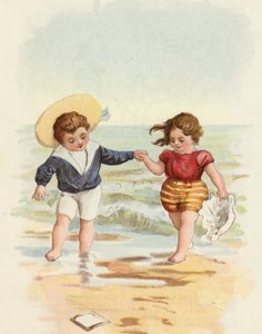 Pojke och flicka som leker på stranden av French School