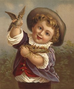 Pojke som håller en fågel och fågelboet (kromolitho) av French School