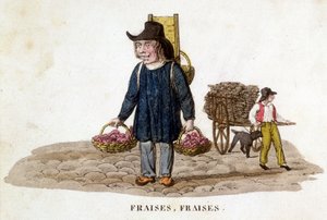Bretonsk säljare av jordgubbar - gravyr, deb. 1800-talet av French School