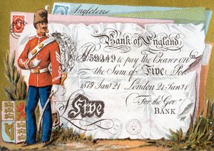 Brittisk armésoldat som vaktar en Bank of England Five Pound-sedel, 1886-95 av French School