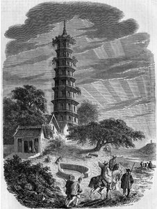 Buddhistisk arkitektur: yttre vy av den åttkantiga pagoden på Whampoa Island, Kina av French School