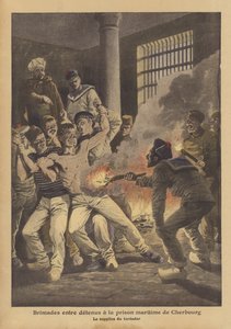 Mobbning bland fångar i sjöfängelset i Cherbourg (färg litho) av French School