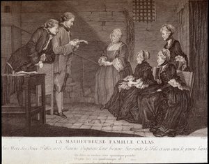 Calas-affären: Jean Calas (död 1762) olyckliga familj: modern, de två döttrarna, med Jeanne Viguiere, deras goda tjänare, sonen och hans vän, v.1762. av French School
