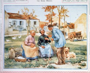 Post- och telestyrelsens (PTT) kalender med tre bönder som diskuterar. 1900-talet av French School
