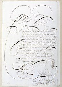 Kalligrafi: Räkenskapsbrev kalligraferat omkring 1678 av Francois de Bruyn. Historiska biblioteket i staden Paris av French School