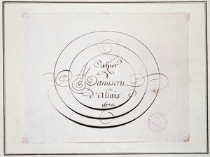 Kalligrafi: Manuskriptstycke daterat 1670 av Jean Baptiste Alais de Beaulieu fils, "" Alais manuskriptanteckningsbok av French School