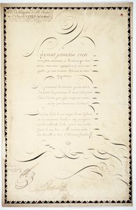 Kalligrafi: Receptionsstycke daterat 1737 av Andre Francois Roland. av French School
