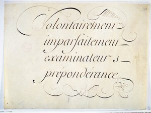 Kalligrafi: manuskriptverk omkring 1670 av Andre Francois Roland. "avsiktligt, ofullkomligt, examinatorer, övervikt"". av French School