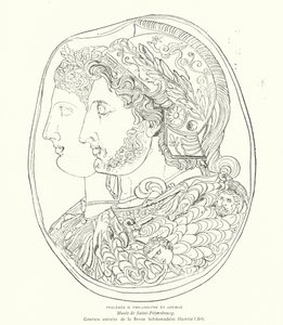 Kameo av den forntida egyptiske farao Ptolemaios Philadelphus och hans hustru Arsinoe, 3:e århundradet f.Kr. (gravyr) av French School