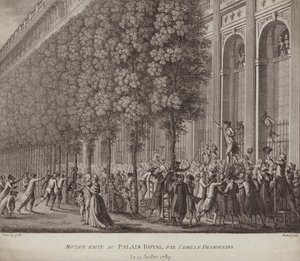 Camille Desmoulins ger en uppmaning till folket på Palais Royal, Paris av French School
