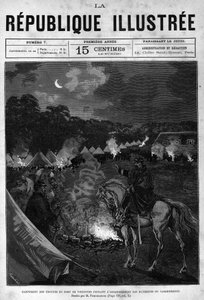 Läger för trupperna i Fort de Vincennes under saneringen av byggnaderna. En tidning. Gravyr från 1880 i "La republique illustree"" privat samling. av French School