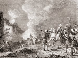 Kanon som användes som belägringsmaskiner av sultanen Abu Yaqub Yusuf vid belägringen av Sijilmasa, Marocko 1274, från Les Merveilles de la Science, publicerad ca 1870 (gravyr) av French School
