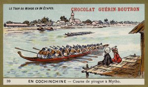 Kanotlopp på Mytho, Cochinchina (chromolitho) av French School