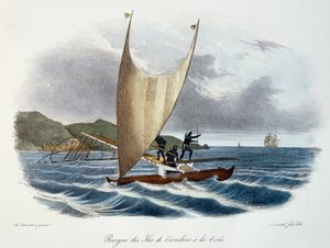 Kanot med segel från Vanikoroöarna, Salomonöarna (skärgård), färggravyr från Astrolabiets upptäcktsresa genomförd på kungens order, under åren 1826-1829, av Jules-Sebastien-Cesar Dumont d