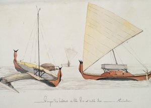 Kanoter av invånarna på Pis- och Irosöarna (Karolinerna), akvarellmålning av Jules-Louis Lejeune, från Duperreys resa. av French School