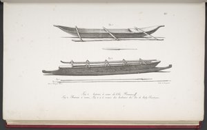 [Kanoter från Marshallöarna och en kanot och vapen från Cooköarna], från Pittoresk resa runt om i världen, med porträtt av vildar från Amerika, Asien, Afrika och öarna i Stora havet; landskap, havsutsikt och mer av French School
