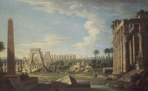 Capriccio med egyptiska ruiner (olja på panel) av French School