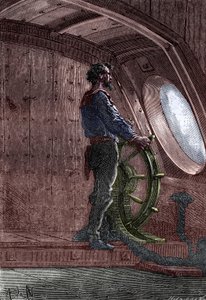 Kapten Nemo vid rodret på Nautilus, ur "Tjugotusen platser under mers" av Jules Verne av French School