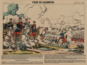 Erövring av Saarbrücken av det franska, fransk-preussiska kriget, 2 augusti 1870 (färgad gravyr) av French School
