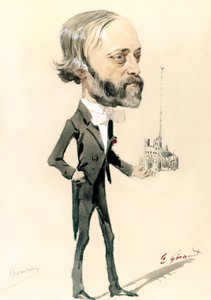 Karikatyr av arkitekten Eugène Emmanuel Viollet-le-Duc (färg litho) av French School