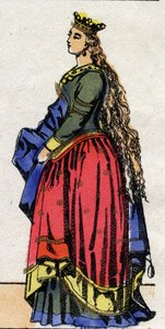 Karolingiska dynastin: Porträtt av Judith av Baviere (805-843) Drottning av francen Ludvig I, kallad den fromma eller "" Debonnaire" (778-840). Epinal avbildning från slutet av 1800-talet. Privat samling. av French School