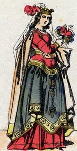 Karolingiska dynasti: Porträtt av Hildegarde av Vintzgau (v. 758-783) hustru till Karl den store eller Karl den Store (Carolus Magnus, 742-814). Epinal avbildning från slutet av 1800-talet. Privat samling. av French School