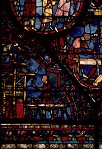 Snickare på jobbet, detalj från Life of St. Julian the Hospitaller-fönstret i norra ambulatoriet av French School
