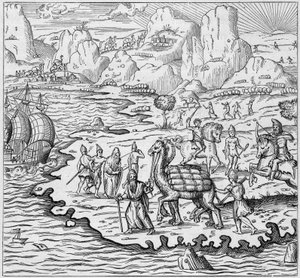 Godstransport med kamel för lastning av fartyg som lämnar den grekiska disken i Alexandria till Europa. Gravyr i "La Marine et les colonies: handel" av French School