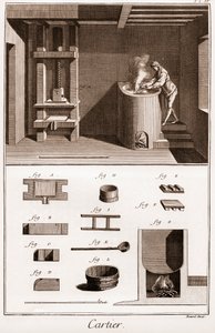 Cartier - Tillverkning av spelkortet - arbetare som gör lim på sin ugn - "" La Grande Encyclopédie, ou Dictionnaire Raisonne des Sciences, des Arts et des Metiers" (Encyclopedia or Dictionary of the Sciences, Arts and Professions) av Denis Didero av French School