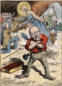 Tecknad film av författaren Emile Zola (1840-1902) som är förbryllad över de troendes hängivenhet i Lourdes, trots hans kritik av ämnet uttryckt i hans roman "Lourdes". Gravyr i "" Le Pelerin"" av 30 augusti av French School