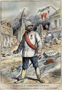 Tecknad film om befälhavaren Jean-Baptiste (Jean Baptiste) Marchand (1863-1934), i Toulon, på väg tillbaka från ett utforskningsuppdrag (1896-1899) i Afrika. Gravyr i "" Le Pelerin"" 4/06/1899. av French School