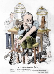 Tecknad bild av vetenskapsmannen Louis Pasteur, uppfinnaren av vaccinet mot rabies, som vaccinerar sig mot preussiska dekorationer. Publicerad i "Der Floh"" av French School