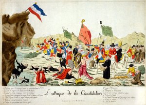 Tecknad serie som visar medlemmar av olika grupper som attackerar en sten, identifierad som "" fransk konstitution", på vilken den franska flaggan vilar med inskriptionen "" Liberté"". Grupper är numrerade och identifierade under kopian. 1792 av French School
