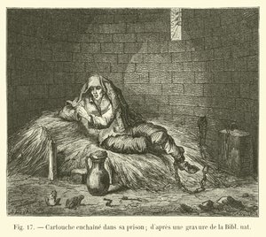 Patron fastkedjad i sitt fängelse; från en gravyr i Bibl nat av French School