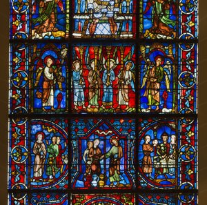 Cathedrale de chartres, målat glas: vår fru av det vackra glaset med under Kristi offentliga liv detaljcenter av French School