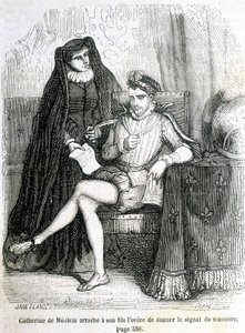 Catherine de Medici (Caterina de Medici) river från sin son (Charles IX) ordern att ge signalen om massakern på Saint Barthelemy 1572 - i "Histoire de France" av L.-P. Anquetil av French School