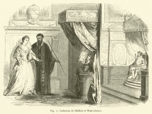 Catherine de Medici och Nostradamus (gravyr) av French School