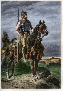 Cavalier Gaulois - Galler till häst i det antika romerska riket - gravyr från "" Frankrikes historia berättad för mina barnbarn"" - av Francois Guizot - 1872-1876 av French School
