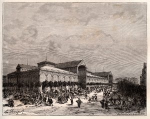 Central halles i Paris på 1800-talet - gravyr i "La France illustree: geographie, histoire, administration statistique" av V.A. Malt-brunt. 1884 av French School