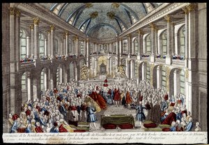 Ceremoni för brudvälsignelsen som gavs i kapellet i Versailles den 16 maj 1770 av Louis Auguste, delfin från Frankrike (Louis XVI), och Marie Antoinette av Österrike - gravyr av French School