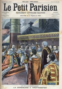 Ceremoni för kröningen i Westminster: kung Edward VII (1841-1910) och Alexandra av Danmark (1844-1925), i "Le petit Parisien"" av French School
