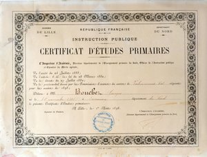 Intyg för grundskoleutbildning, Academie de Lille, 1898 (bläck på papper) av French School