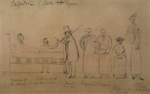 Charcot designad av en av hans elever. Från vänster till höger: patienten Genevieve i camisole, doktor Desire Magloire Bourneville med termometer, Jean Martin Charcot, Raymond och Brissaud, Me Tirperme och Charles Fere. Holy Queen Room, Salpetriere Hospi av French School