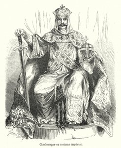 Charlemagne en kejserlig kostym (gravyr) av French School