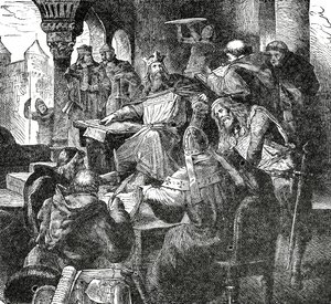 Karl den Store med elever och lärare från hans slottsskola i Aachen, ca 1890 av French School