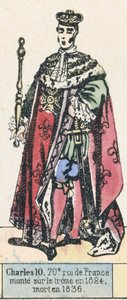 Karl 10, Frankrikes 70:e kung, besteg tronen 1824, dog 1836 (färgad gravyr) av French School