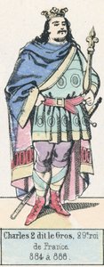 Charles 2 dit le Gros, 29:e kungen av Frankrike, 884 till 888 (färgad gravyr) av French School