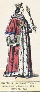 Karl 5, 52:e kung av Frankrike, besteg tronen 1364, dog 1380 (färgad gravyr) av French School