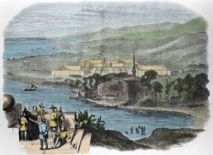 Charles Fourier (1772-1837), fransk socialistisk teoretiker: gravyr som visar idealbilden av en Phalanstere-gravering från 1848. av French School